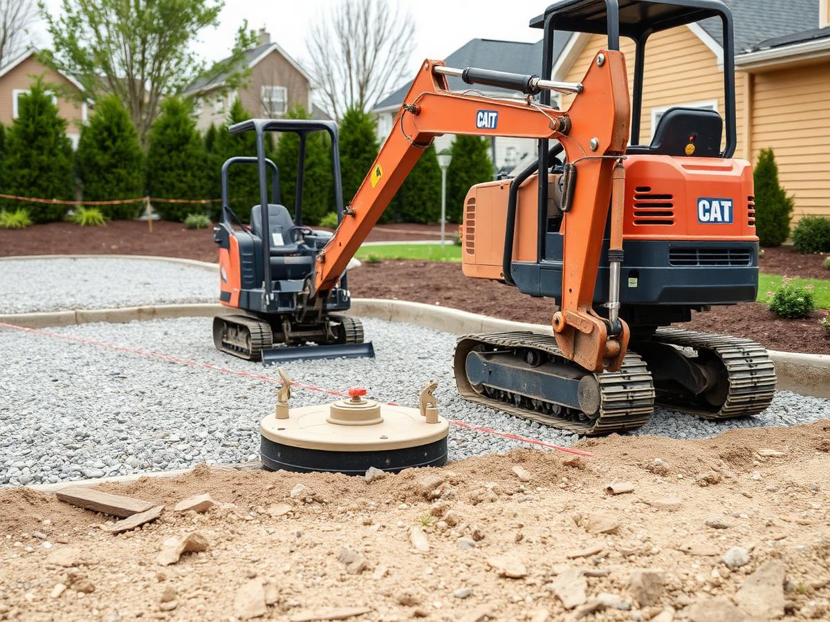 Baustelle mit Minibagger und verdichtetem Schotterunterbau