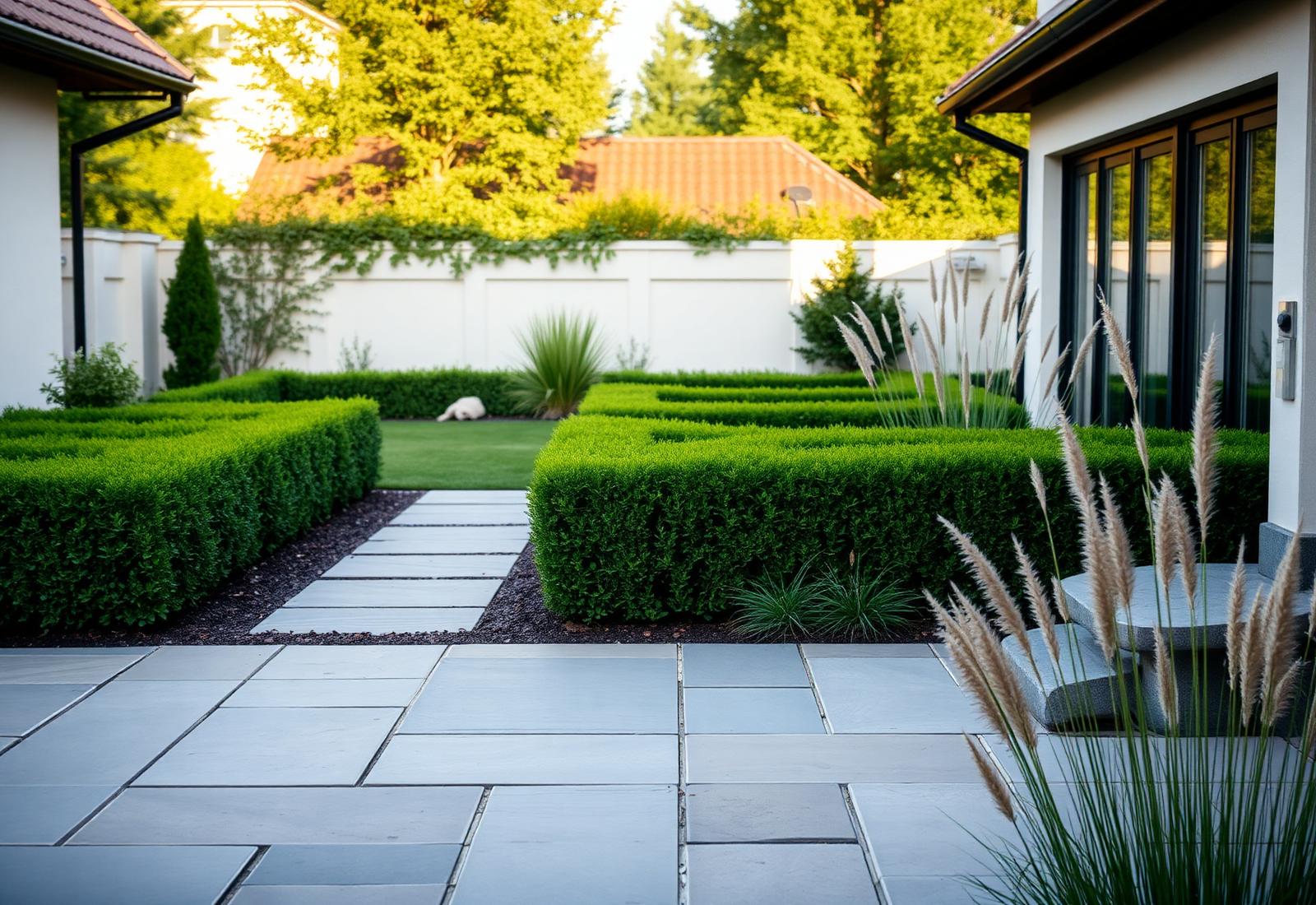 Gestalteter Garten mit Rasenfläche, Hecken und Plattenweg