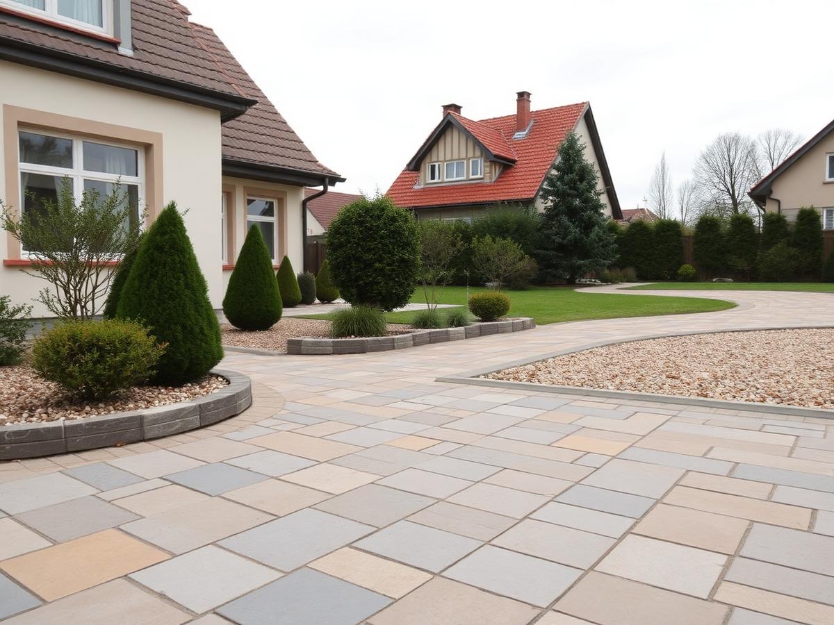 Gepflasterte Hofeinfahrt aus Betonsteinen mit Randsteinen und Kiesbeet